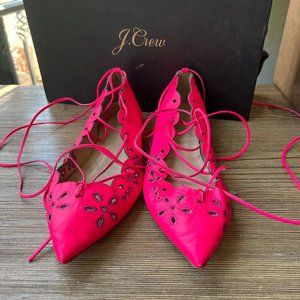 J. Crew Pink Leather Eyelet Lace-Up Flats Size 9.0